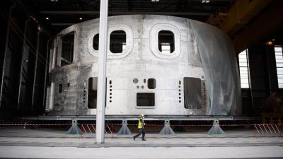 A stainless steel vacuum chamber that is part of the International Thermonuclear Experimental Reactor, a large fusion energy project being built in Southern France.