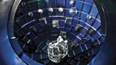 Technicians inspect a nuclear fusion ignition chamber at the Lawrence Livermore National Laboratory in Livermore, California.