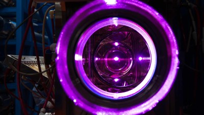 View through the OMEGA laser’s 20-cm disk amplifiers at the Laboratory for Laser Energetics.