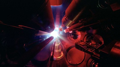 A view inside the OMEGA target chamber during an experiment at LLE. 