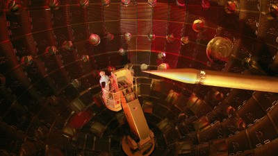 The interior of the National Ignition Facility target chamber at Lawrence Livermore National Laboratory