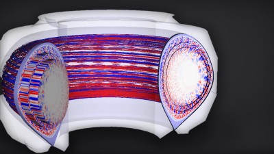 computer-generated image showing a combined simulation of fusion plasma’s core and edge