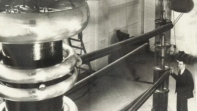 Richard Crane, Arthur Ruhlig’s thesis advisor, with the University of Michigan accelerator used for experiments.