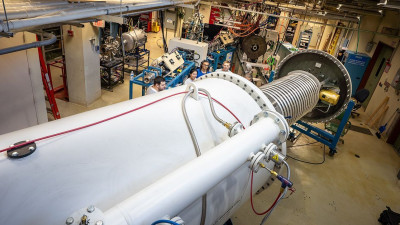 The new POSEIDON ion beam accelerator inside the PISCES lab at UC San Diego.