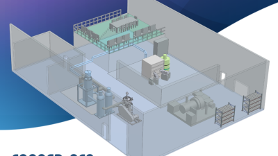 An illustrative rendering of Type One Energy’s high-heat flux facility depicts the high-temperature helium loop and the vacuum vessel.