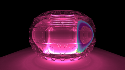 A ray-traced synthetic image from SOLPS plasma-emission simulations, with vessel materials rendered as glass for visualization. 